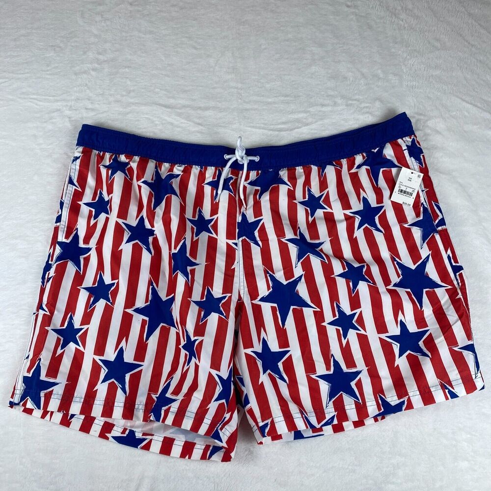 Mad Engine Swim Shorts Mens 2XL Blue Red Star Print Striped Americana Drawstring